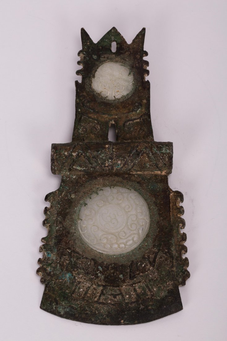 CHINESE BRONZE AX WITH JADE INLAY: bronze 19th century or earlier, jade 20th century later insert; 8 in. h