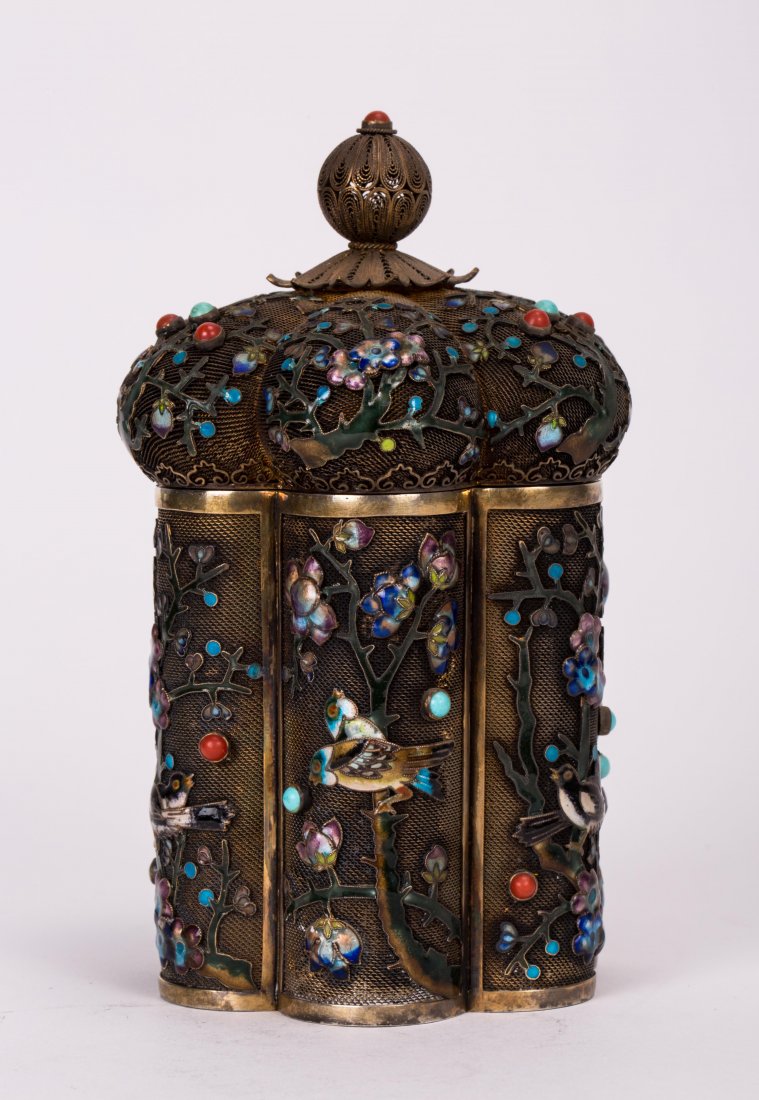 CHINESE ENAMELED SILVER BOX: 20th century, bird and floral scene; 5 1/2 in. h