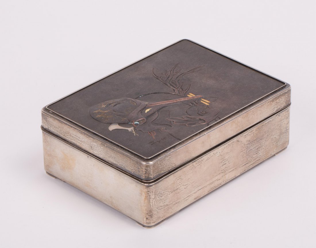 JAPANESE SILVER BOX WITH MIXED METAL INLAY: 19th century; 5 1/2 by 4 in.