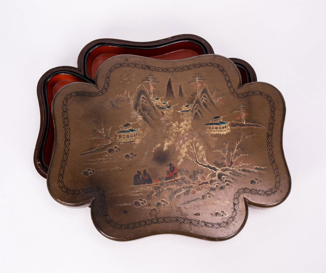 CHINESE LACQUER BOX WITH VILLAGE SCENE: 19th century; 11 1/2 by 9 1/2 in.