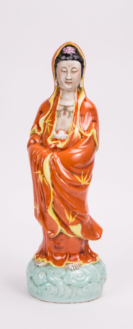 CHINESE PORCELAIN KUAN YIN WITH ORANGE ROBE: 20th century, Jindezhen studio maker; 16 in. h