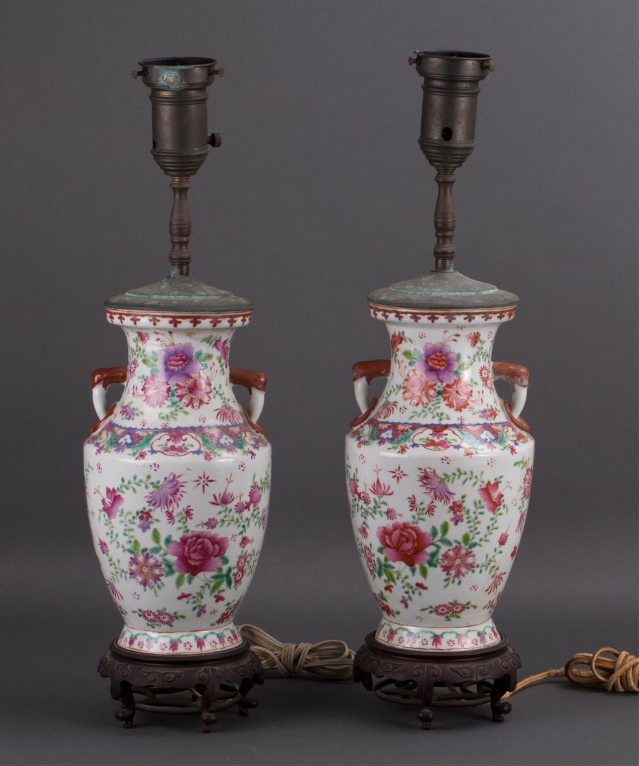 A PAIR OF CHINESE PORCELAIN VASE WITH FLORAL MOTIF: 19th century, mounted with carved fancy wood stand; 23 in. h