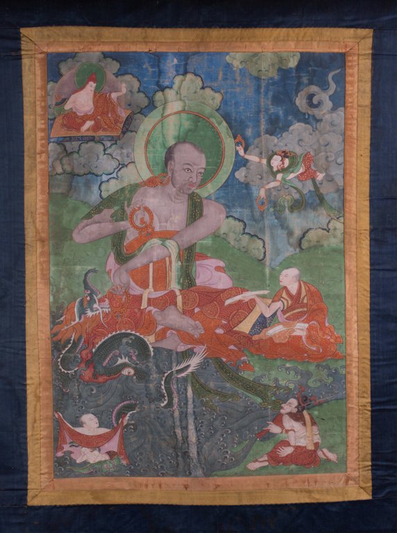 A TIBETAN THANGKA OF DALAI LAMA: Qing dynasty; few water stains, some areas have crease worn off; Thangka (26 in. h, 18 in. w), frame (53 in. h, 28 in. w)