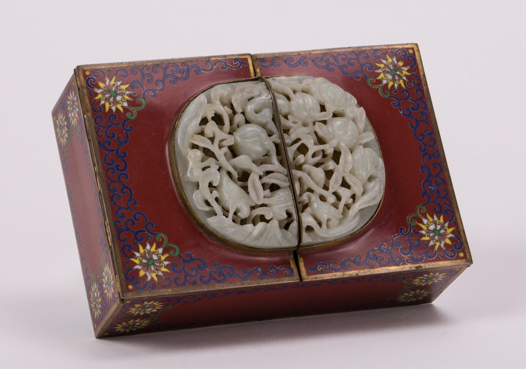 CHINESE CLOISONNE BOX WITH JADE PLAQUE: 19th century; box (6 by 4 in.), jade plaque (3 1/2 by 3 in.)