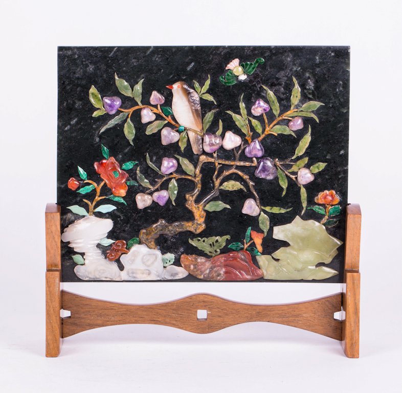 CHINESE SPINACH GREEN JADE TABLE SCREEN: 19th / 20th century, with semi precious stone inlay; 9 1/4 in. h, 9 1/4 in. w