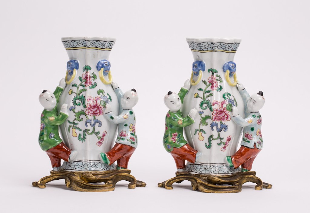 PAIR OF EXPORT PORCELAIN WALL VASE IN FRENCH MOUNT: 19th century; gilt bronze mount, boy scene; 7 1/4 in. h