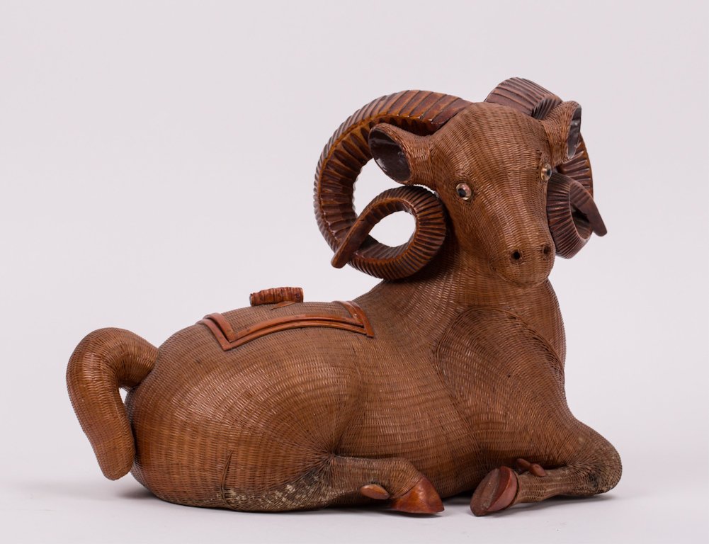 UNUSUAL CHINESE BAMBOO WOVEN RAM: early 20th century; 9 1/2 in. h, 13 in. w