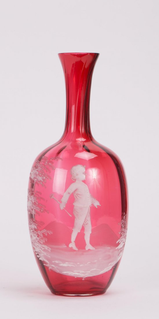 CHERRY COLOR MARY GREGORY PAINTED ART GLASS VASE: 20th century; 9 in. h by 3 1/2 in. w
