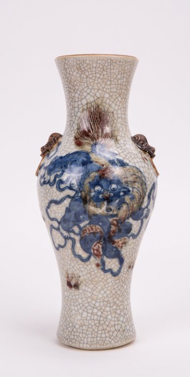 PORCELAIN VASE WITH UNDERGLAZED BLUE RED FOO LION: 19th century, incised Cheuhua mark at bottom; 9 3/4 in. h