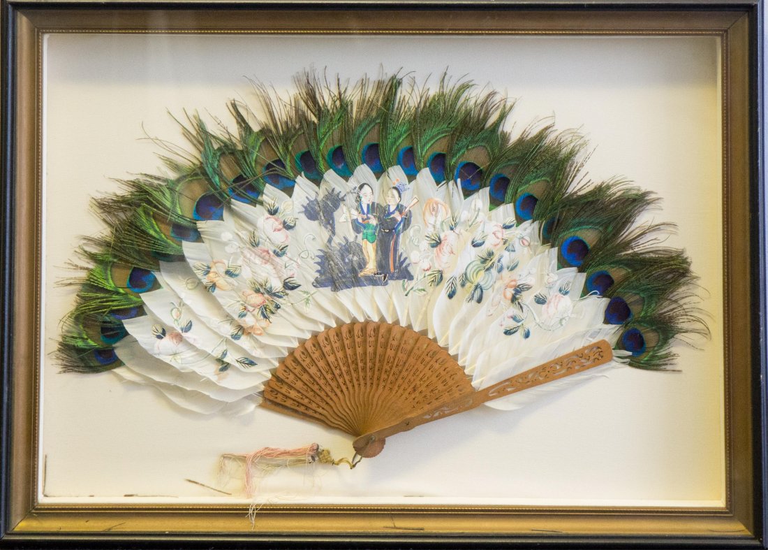 CHINESE EXPORT FAN WITH PEACOCK FEATHER: framed, 20 in. h x 27 in. w (frame).