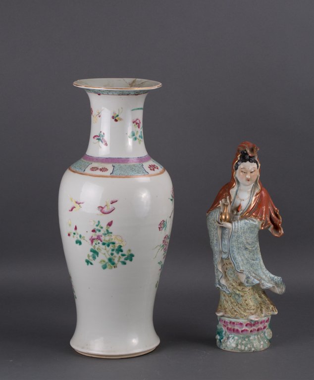 TWO CHINESE PORCELAIN ARTICLES: one vase, one standing Kuan Yin; vase (18 1/2 in. h), Kuan Yin (14 1/2 in. h)
