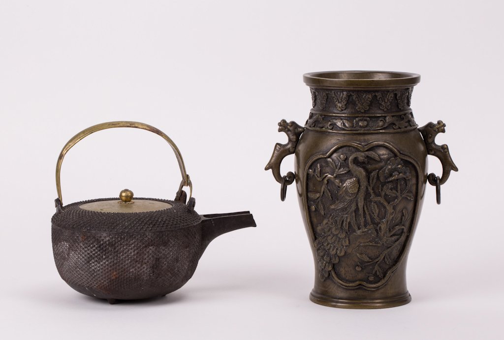 TWO JAPANESE BRONZE ARTICLES: one teapot, another vase with bird scene; vase (8 1/4 in. h)