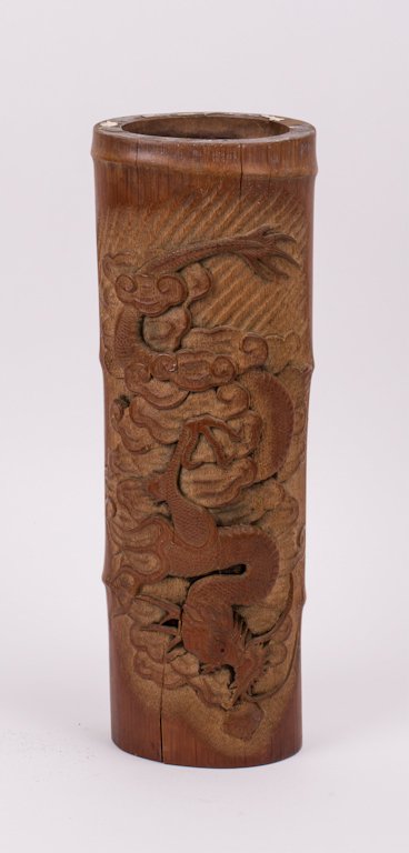 CHINESE BAMBOO VASE WITH DRAGON MOTIF: 19th century; 16 in. h