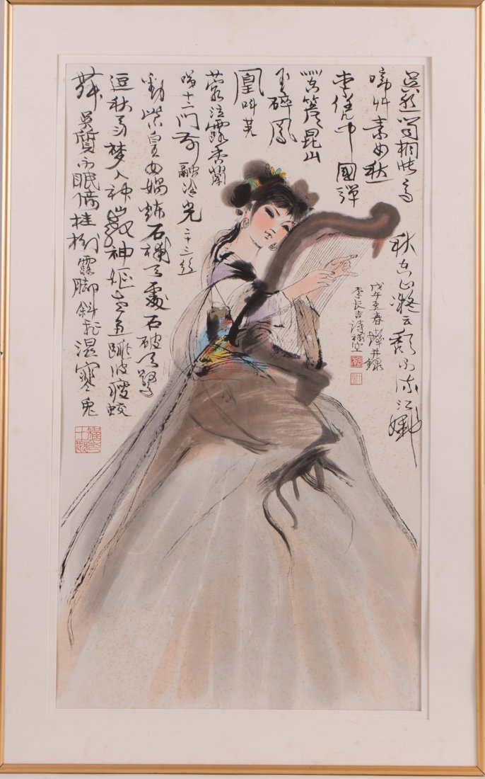 CHINESE FRAMED ART OF GIRL PLAYING HARP: 20th century; frame (41 in. h by 26 in. w), painting (34 in. h by 19 12 in. w)