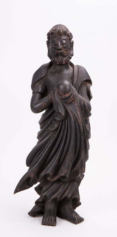 JAPANESE CARVED WOOD STANDING DAMO: 19th century or earlier, with black lacquered patina; 21 in. h