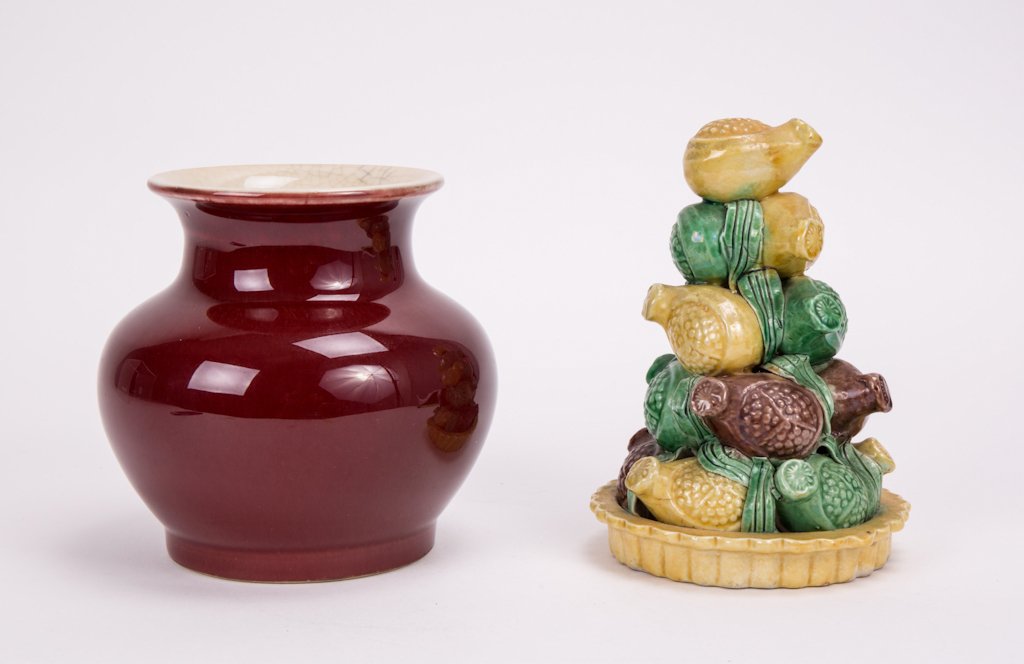 TWO CHINESE PORCELAIN ARTICLES - SANCAI FRUIT: 19th century; one sancai glazed offering fruit, another red globular vase; 1st one (5 in. h), 2nd one (5 3/4 in. h)