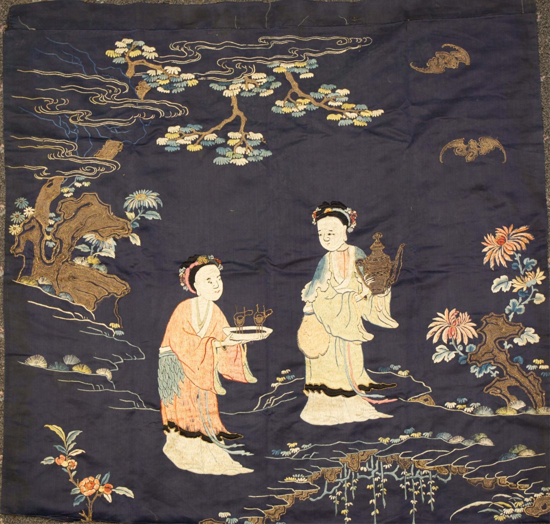 CHINESE EMBROIDERY PANEL WITH FEMALE FIGURINES: 18th/19th century, holding precious object; 33 in. h by 34 in. w