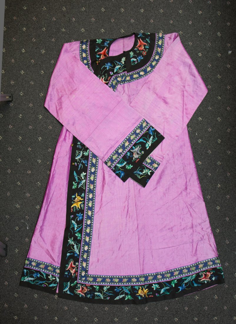 CH PINK LADY EMBROIDERY ROBE W/ GOLD FISH SCENE: 19th century; 51 in. h by 79 in. w