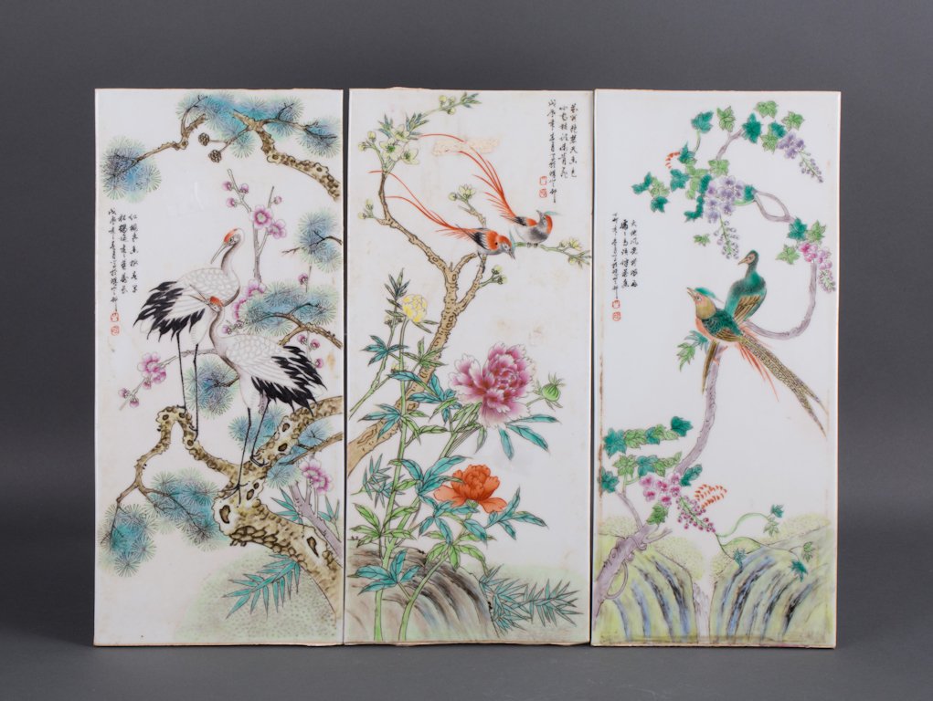 THREE PORCELAIN PLAQUES WITH BIRD AND FLORAL MOTIF: 20th century; 15 by 6 1/2 in.