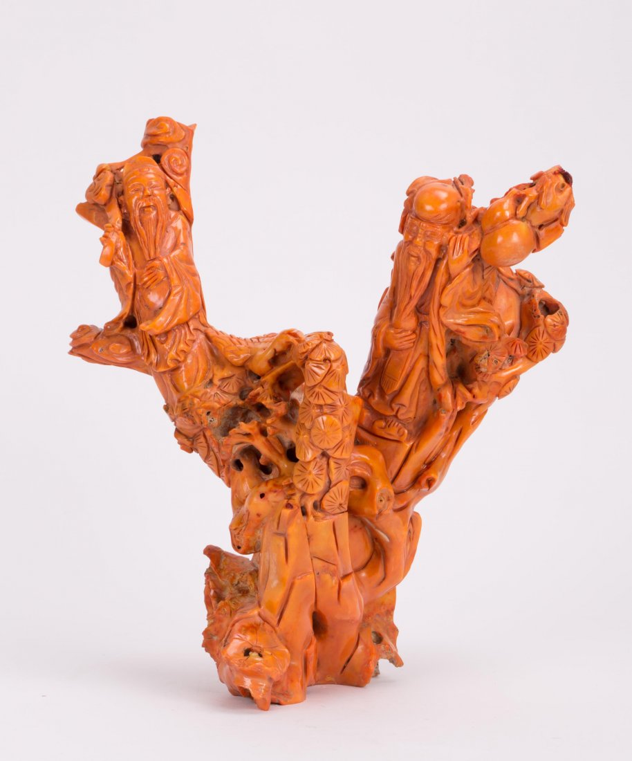 CHINESE CORAL TREE WITH FIGURINES: 20th century; Provenance: Stair Gallery, Hudson New York; 11 in. h by 10 in. w