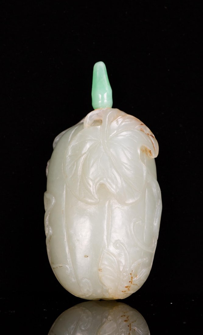 CHINESE CELADON JADE SNUFF BOTTLE - MELON SHAPE: 19th century. 3 in. H