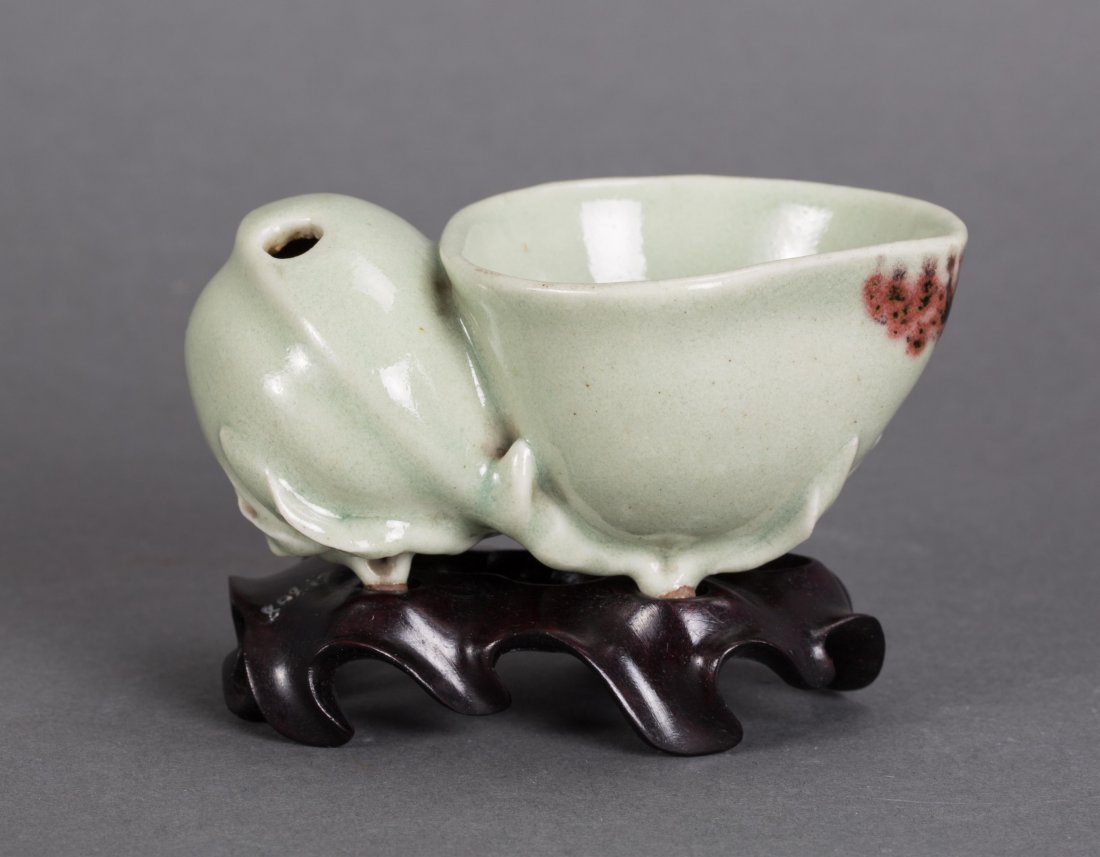 CHINESE CELADON PORCELAIN SCHOLAR PEACH WASHER: Chinese Celadon Porcelain Scholar Peach Washer. 18th century, beares hongkong auction label; 4 1/2 in. w. Provenance: An Old Long Island Estate Collection