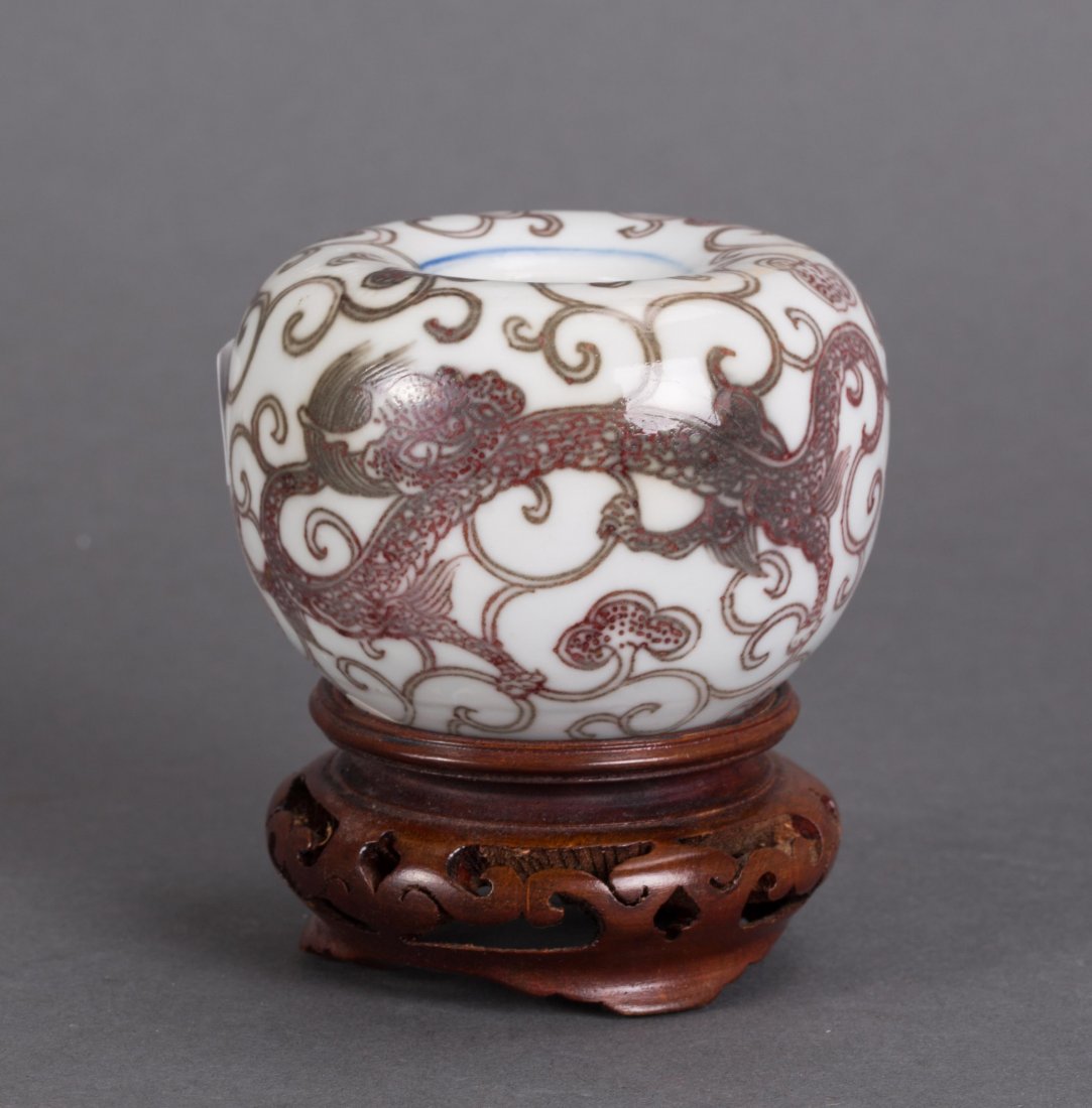 CHINESE SCHOLAR PORCELAIN BRUSH WASHER W/ DRAGON: Chinese Scholar Porcelain Brush Washer with Dragon Motif. 19th century, with underglazed blue kangxi mark; 3 1/4 in. w. Provenance: An Old Long Island Estate Collection