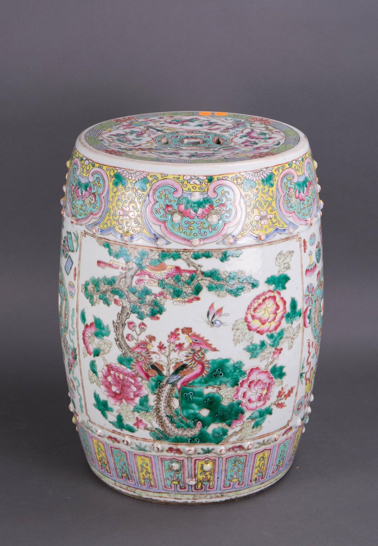 CHINESE FAMILLE ROSE PORCELAIN GARDEN SEAT - BIRD: Chinese Famille Rose Porcelain Garden Seat - Bird. 20th century; 18 1/8 in. h, 13 1/2 in. diameter