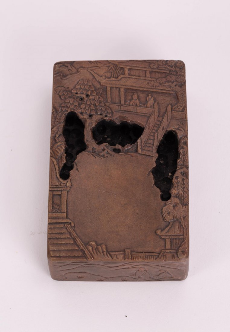 CHINESE CARVED INKSTONE - LANDSCAPE SCENE: Chinese Carved Inkstone - Landscape Scene. 19th century; 5 1/8 by 3 1/4 by 1 3/8 in.