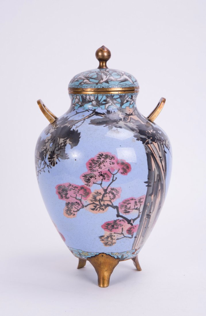 JAPANESE CLOISONNÉ CENSER WITH CRANE & TREE SCENE (1 of 4)