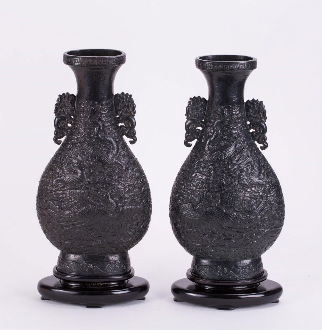 PAIR CH MOLDED DRAGON PHOENIX PORCELAIN VASE (1 of 6)
