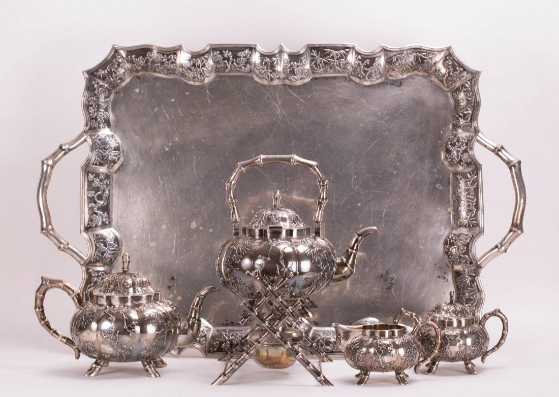 A CHINESE EXPORT SILVER 5 PIECE TEA SET (1 of 6)