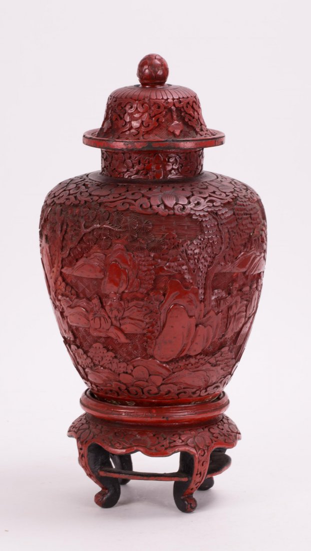 19TH C CHINESE CINNABAR LACQUER COVER JAR (1 of 5)