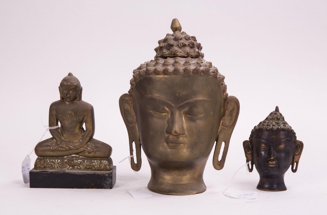 THREE NEPALESE BRONZE BUDDHA HEAD AND STATUE (1 of 5)