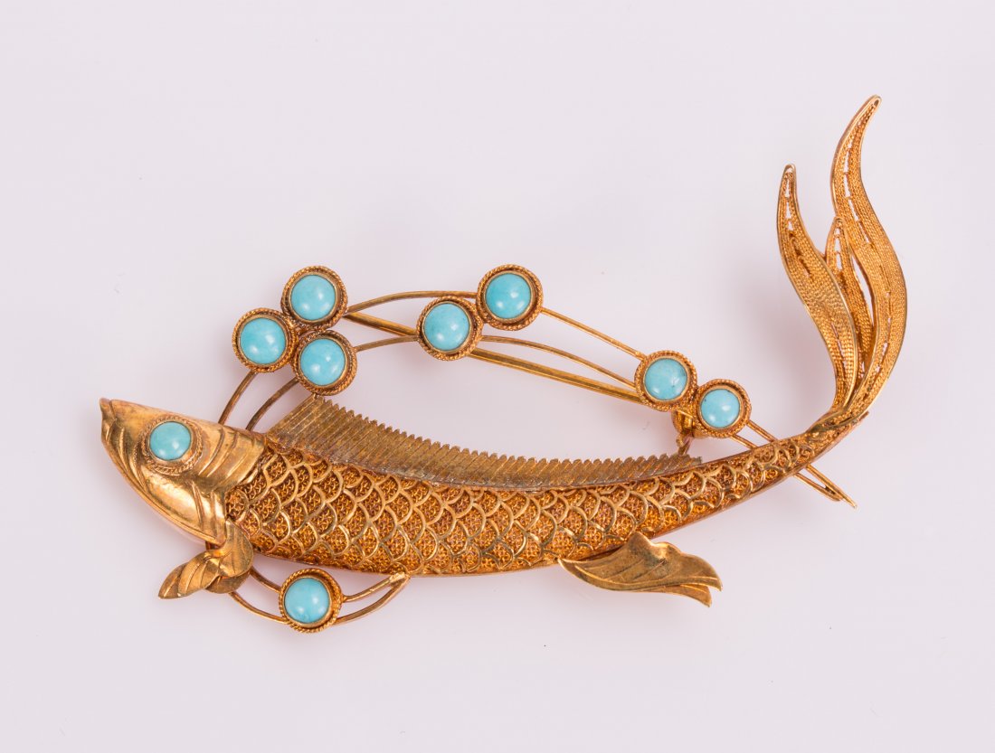 CHINESE 14K YELLOW GOLD BROOCH, FISH (1 of 5)