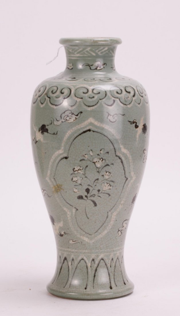 KOREAN CELADON PORCELAIN VASE WITH CRANE SCENE (1 of 6)