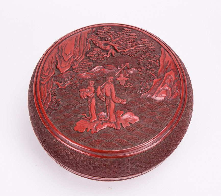 CARVED CINNEBAR ROUND BOX WITH IMMORTAL SCENE (1 of 3)