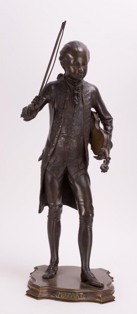 FRENCH PAUL PAULIN(1852-1937) BRONZE "MOZART" SCUL: 23.5 in. h. French Paul Paulin(1852-1937) Bronze "Mozart" Sculpture. Well Listed French Sculptor. Signed "Pauli" on the bottom. Mozart holding his Violin.