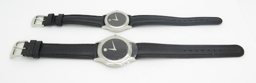 MOVADO MUSEUM WATCHES HIS AND HER SET: THESE BEAUTIFUL MATCHING HIS AND HERS MOVADO MUSEUM WATCHES ARE IN PRISTINE CONDITION. THE MEN'S WATCH HAS THE PLASTIC STILL ON THE FRONT AND THE BACK. THE WOMAN'S WATCH HAS THE PLASTIC ON THE BACK. B
