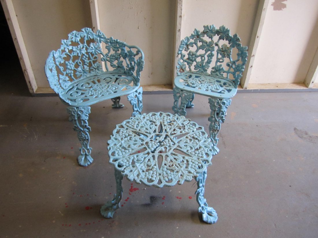 Pair Cast Iron Grapevine Patio Chairs and Table