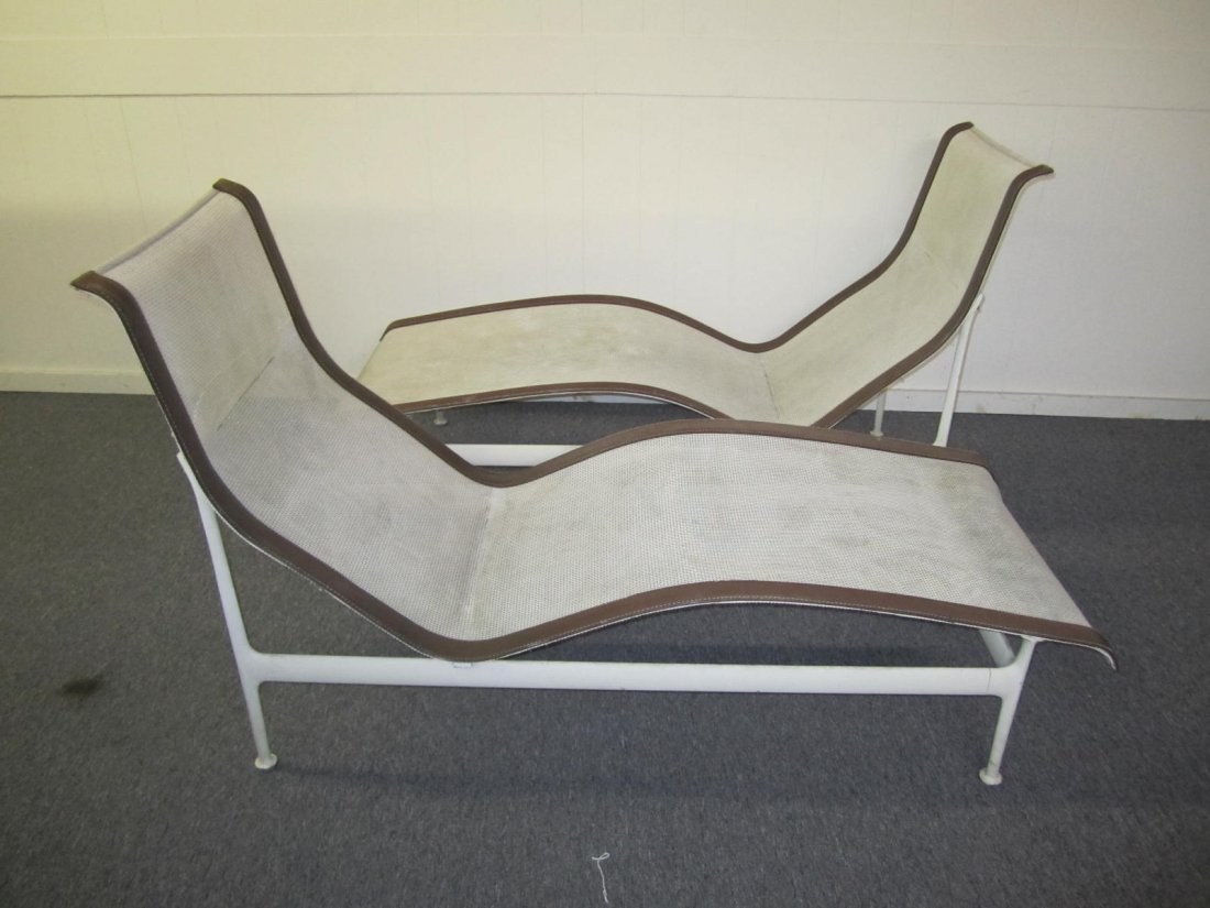 Pair Patio Chaises by Richard Schultz for Knoll: Pair of fixed position chaises in white vinyl coated polyester mesh with white powder coated cast aluminum frame. Mesh trimmed in white vinyl. Designed by Richard Schultz for Knoll. measurements-33.75