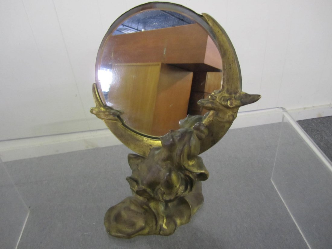 Gorgeous Art Nouveau Brass Nude Woman Table Mirror: Gorgeous Art Nouveau brass nude woman round table mirror. measurement-14.5"t x 14"w x 10"d