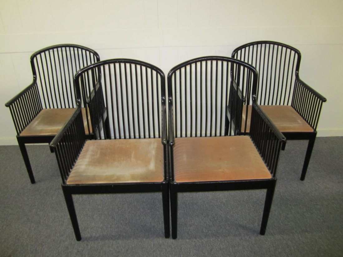 Set 4 Davis Allen Stendig Spindle Arm Chairs: Lovely set of 4 Stendig black lacquered spindle arm chairs designed by Davis Allen. measurement-36"t x 21"w x 22"d