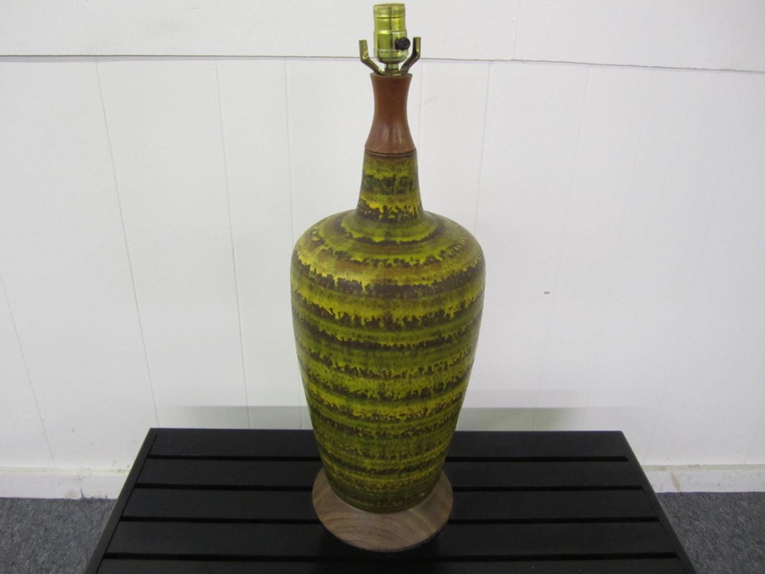 Danish Modern Drip Glazed Striped Ceramic Green Lamp (1 of 4)