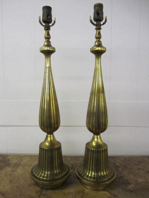 Pair Hollywood Regency Style Tall Brass Lamps (1 of 5)