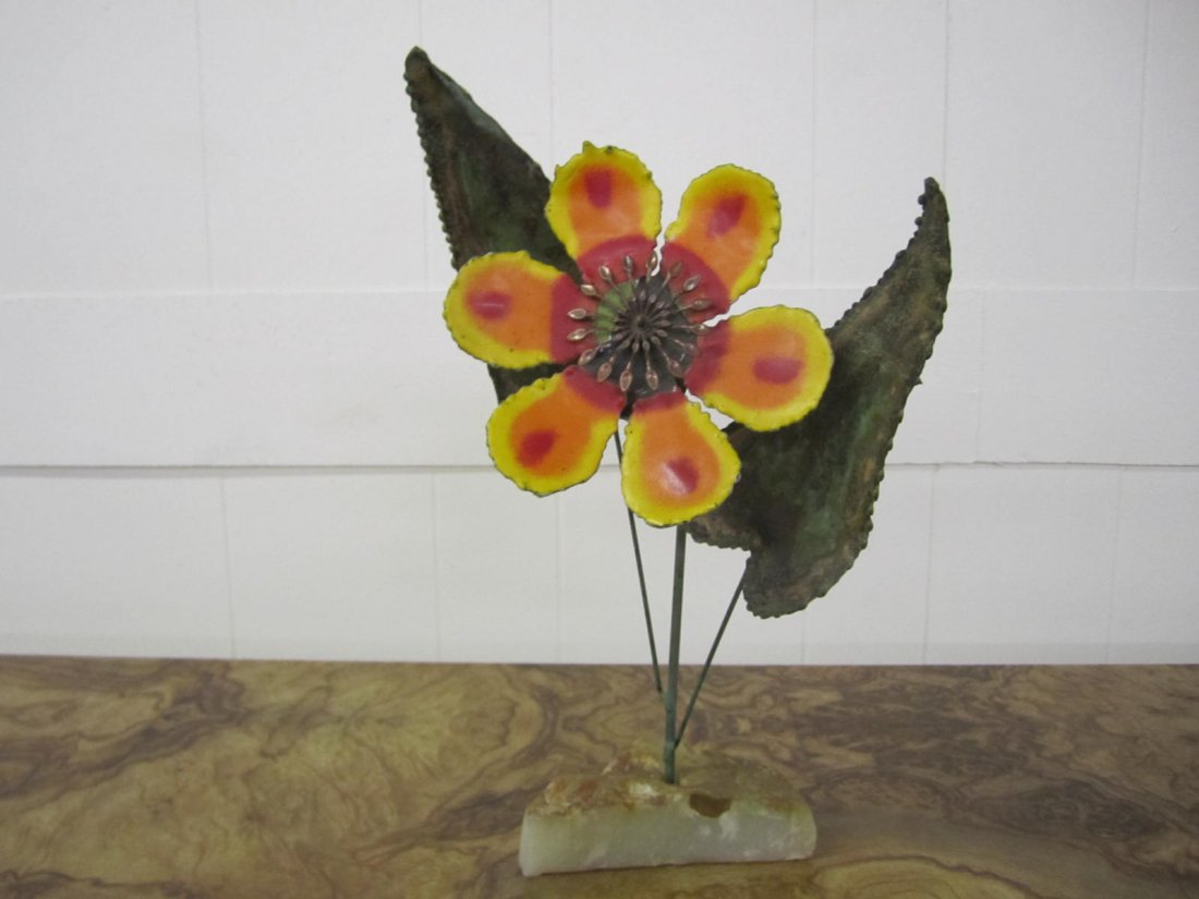 C.Jere Orange Enameled Flower Sculpture: Lovely C.Jere orange enameled single flower sculpture with rock quartz base. measurement-14't x 7"w x 5.5"d