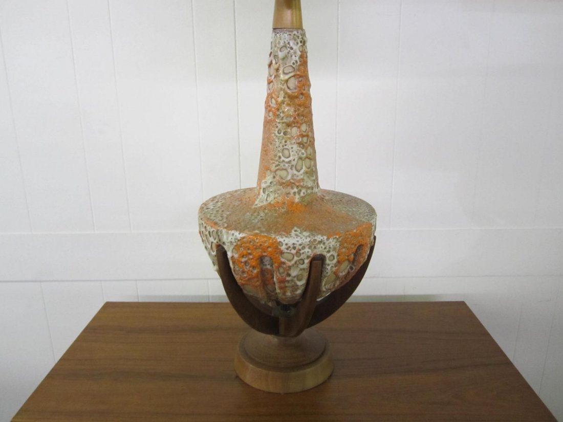 Unique Danish Modern Orange Lava Glaze Walnut Lamp (1 of 4)