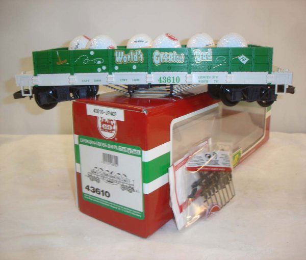 ABT: LGB #43610 Worlds Greatest Dad Golf Flat/OB: Paul V. Ambrose and Drew J. Bauer present: This is the #43610 Worlds Greatest Dad Flat Car with Golf Balls that LGB made in G Scale a few years ago. Our Opinion is that it is generally in Like New Con