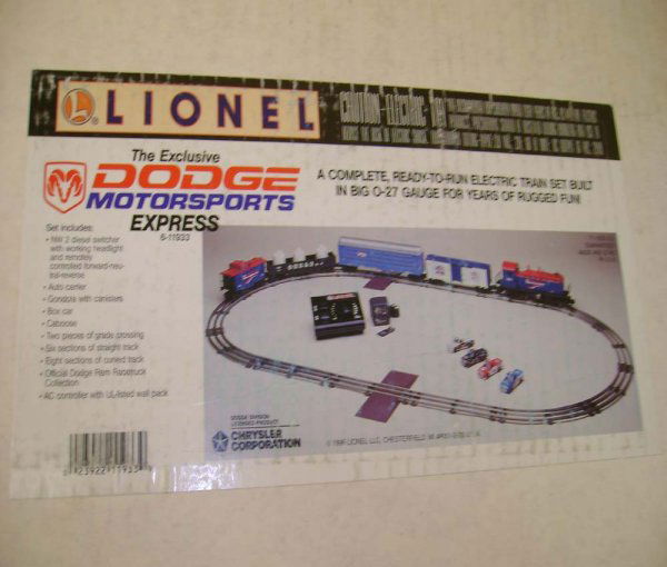 ABT: Mint Lionel #11933 Dodge Motorsports Set/OB: Paul V. Ambrose and Drew J. Bauer present: This is the #11933 Dodge Motorsports Express Train Set that Lionel made in the 1990s. This Uncatalogued Set features a SW-2 Switcher, a Box Car, a screened A