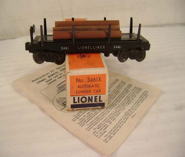 ABT: Lionel #3461X Log Car/Nice 55- OB: Paul V. Ambrose and Drew J. Bauer present: This is the #3461X Operating Log Dump Car with staple-end trucks that Lionel made circa 1960. Proper car for collectible GG-1 Set 2159W and Hudson-freight Se